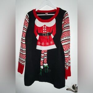 Ugly / cute holiday Mrs Claus or Elf sweater swinging legs and jingle bells XL